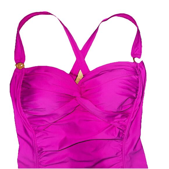 DKNY One Piece Pink Large Swimsuit Ruched Tummy Slimming Crossback Padded Bra - Picture 3 of 10